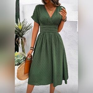 New Flowy Swiss Dot Cuffed Dolman Ruched Waist Midi Dress Olive Green